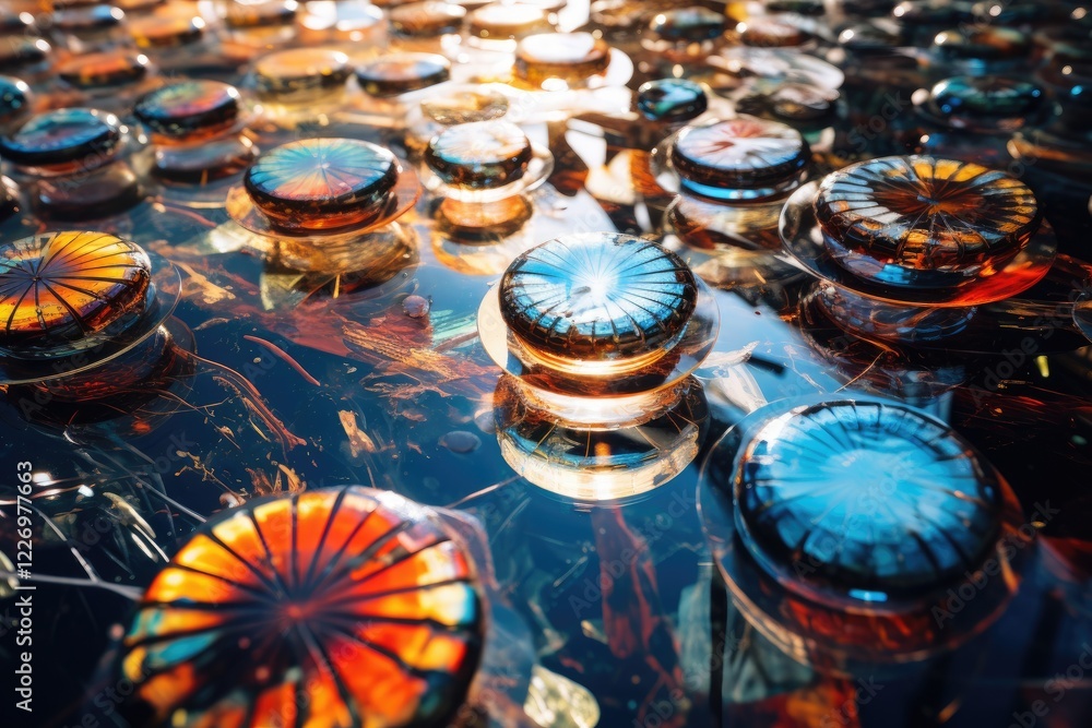 Poster kaleidoscope patterns reflecting in the serene water as vibrant circles float above natural elements