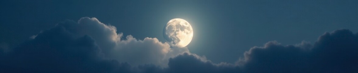 Obraz premium Silvery half moon peeking through breaks in grey cloud layer, moon, light, evening