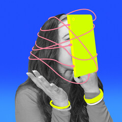 Conceptual art design. Woman with smartphone in front of face, wrapped in digital wires,...