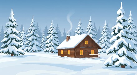 Naklejka premium Cozy Winter Cabin in Snowy Forest Landscape
