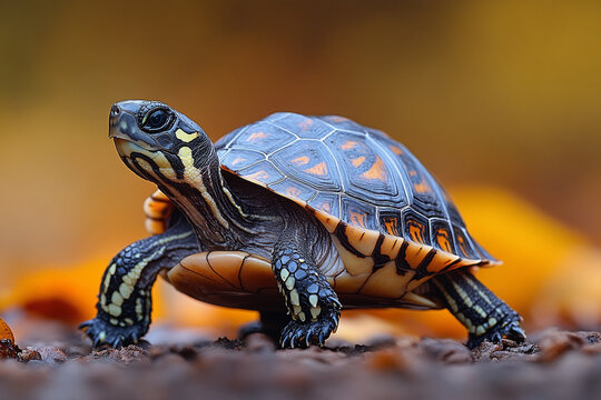 A young ornate turtle crawls on autumn leaves