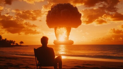 Obraz premium Majestic sunrise juxtaposed with an explosive event capturing a moment of contemplation on a serene beach