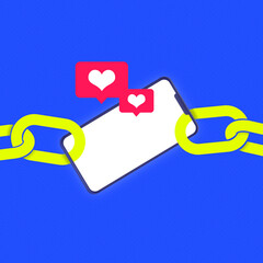 Conceptual art design. Smartphone linked with bright chains and floating likes, representing social...