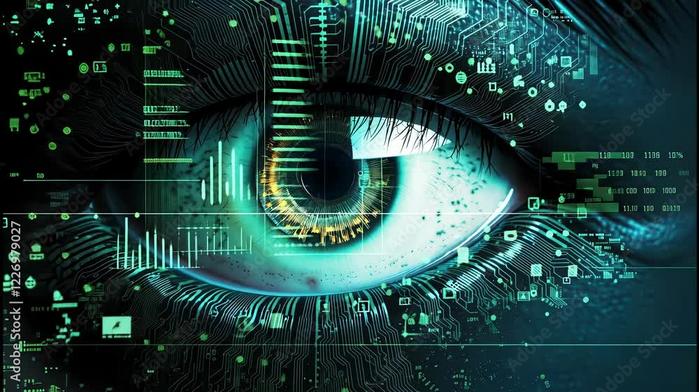 Poster exploring the intersection of technology and human perception through a digitally enhanced eye immer
