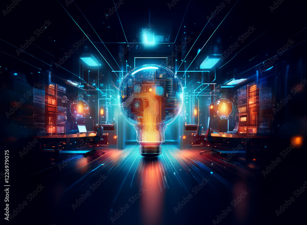 Poster a glowing lightbulb, filled with intricate circuitry and data streams, sits at the center of a futur