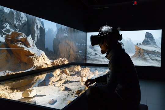 Augmented reality experience at a modern museum exhibition showcasing historical artifacts and geological features during a visitor's interactive tour