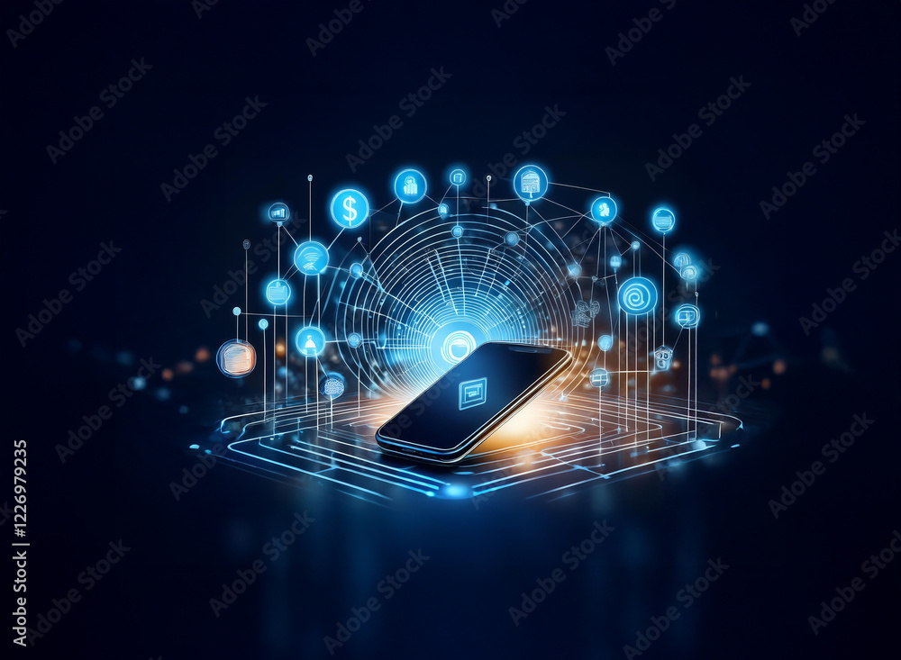 Poster a smartphone rests on a glowing circuit board, surrounded by a network of interconnected digital ico