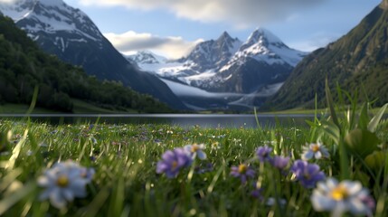 A stunning mountain landscape wallpaper, featuring majestic snow-capped peaks, a crystal-clear alpine lake reflecting the golden hues of sunrise