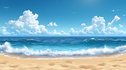 Obraz premium A picturesque scene of a pristine sandy beach meets a tranquil turquoise ocean under a vibrant blue sky dotted with fluffy white clouds.