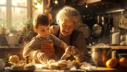 Nonna in cucina, che insegna al nipote come fare i biscotti, con gli ingredienti sparsi sul tavolo. Atmosfera accogliente e familiare