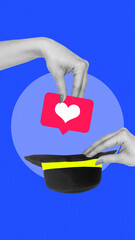Conceptual artwork. Hand placing social media icon into black hat, symbolizing illusion of...