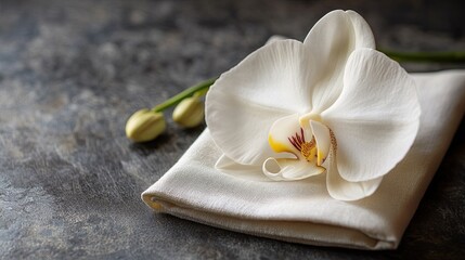 A single orchid flower placed delicately on a folded napkin. picture