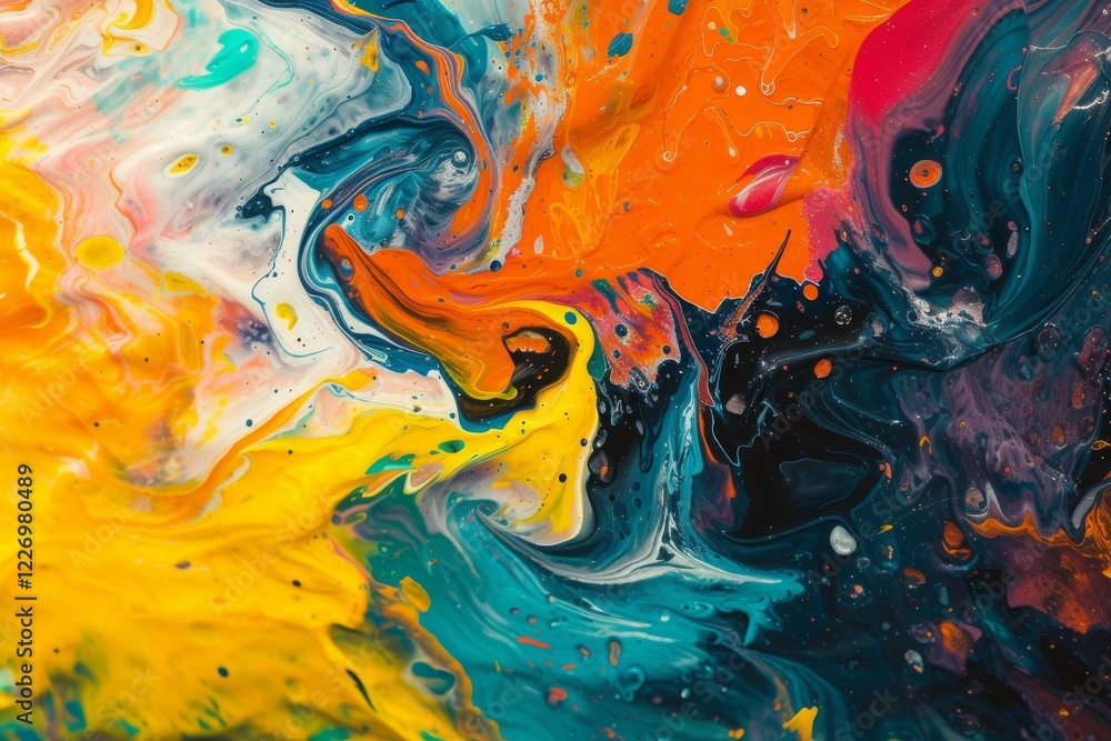 Poster vibrant abstract paint strokes swirling together in a chaotic blend of colors, creating an expressiv