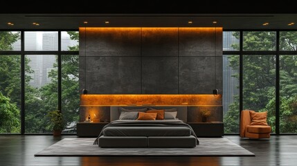 Modern bedroom, city view, rain, luxury design, interior