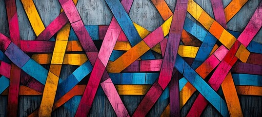 Vivid Geometric Composition Abstract Background with Intertwined Colorful, Textured Strips