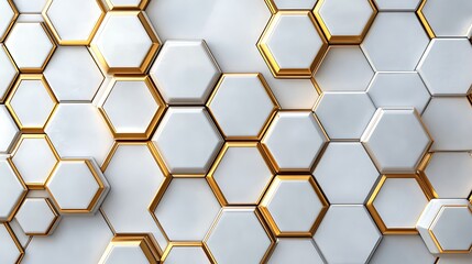 3D white and gold color hexagon tiles pattern shape background