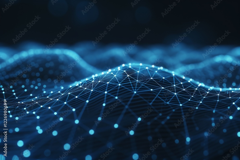 Poster an abstract futuristic digital background featuring interconnected nodes and lines creating a wave-l
