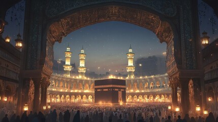 Night View of the Kaaba in Mecca, Illuminated by Lanterns and Lights