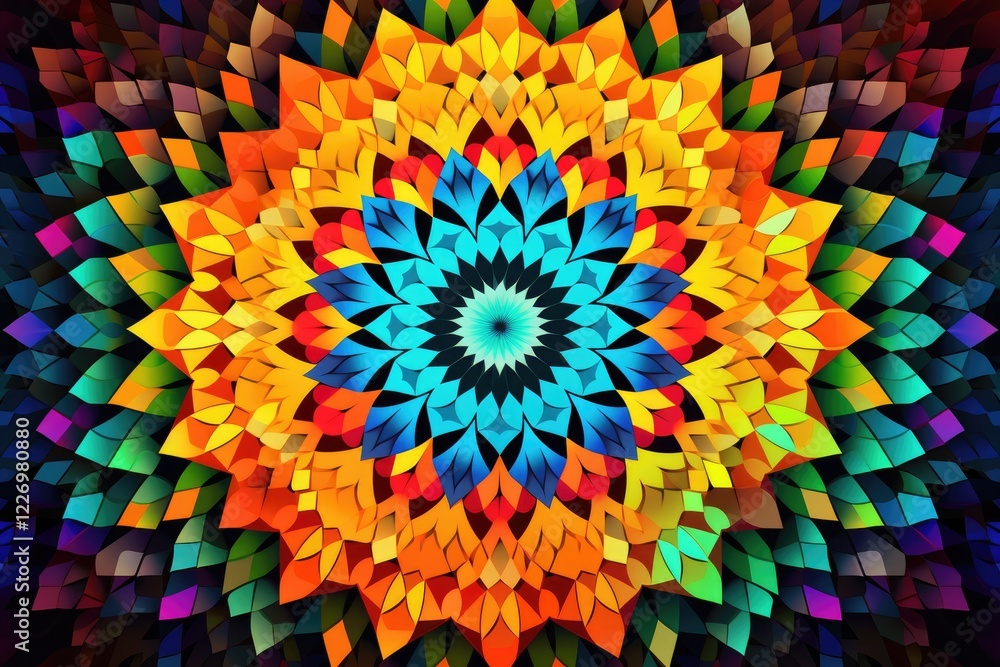 Poster vivid pixelated mandala pattern showcasing an array of colors and intricate designs that create a me
