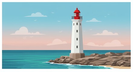 Coastal Lighthouse Scene at Sunset Ocean View Illustration