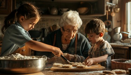 Nonna in cucina, che insegna ai nipoti come fare i biscotti, con gli ingredienti sparsi sul tavolo. Atmosfera accogliente e familiare