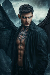 a closeup dramatic fantasy character with dark bat-like wings, a muscular male figure with , dressed in a black flowing jacket, standing against a mystical stormy mountain backdrop 