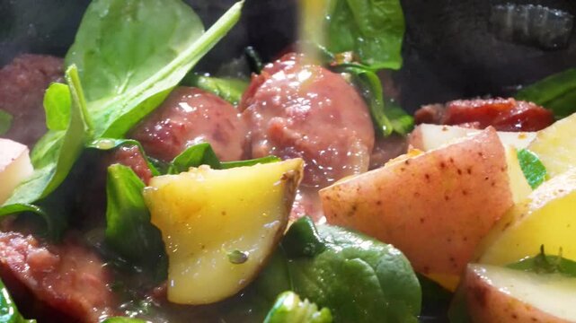 Cooking a dinner made with potatoes, kielbasa, spinach, onions and a mustard sauce.  Making dinner in the kitchen in a cast iron skillet.