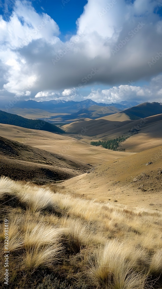 Poster a distant mountain range with clouds floating above and soft, rolling valleys below