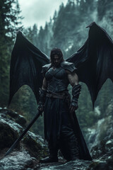 Fototapeta premium muscular winged warrior with dark bat-like wings, standing in a dramatic forested mountain setting, holding a long sword, wearing minimal fantasy-inspired armor with intricate details 