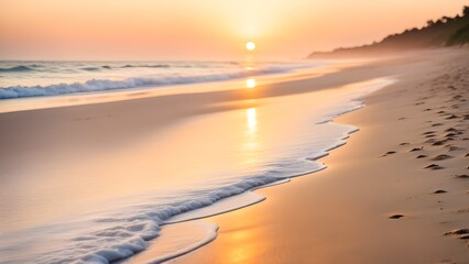 Fototapeta premium Serene sunset over a tranquil beach with gentle waves lapping the shore, leaving soft footprints in the sand.