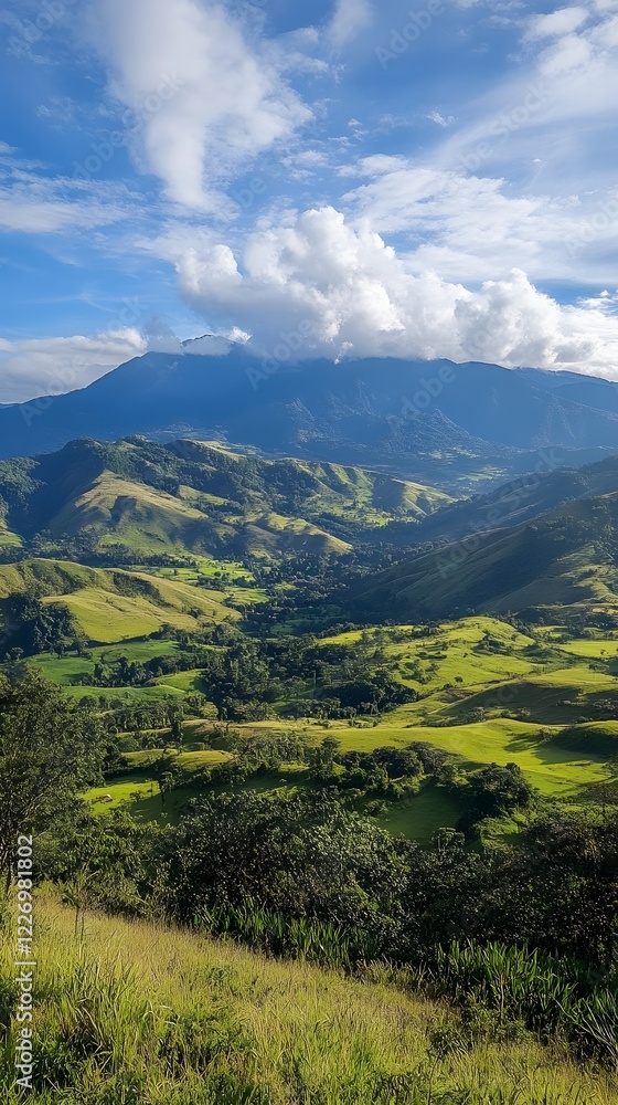 Poster a distant mountain range with clouds floating above and soft, rolling valleys below