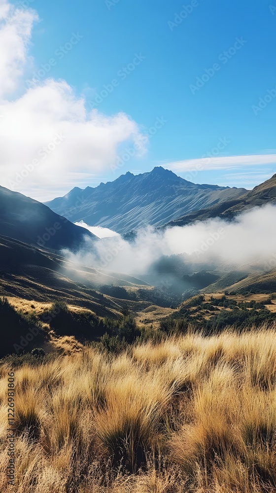 Poster a distant mountain range with clouds floating above and soft, rolling valleys below