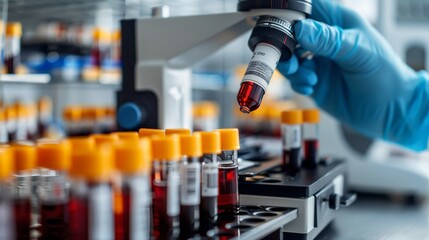 Medical lab technician analyzing blood sample under microscope, conducting research on blood disorders, with test tubes and equipment in lab setting.