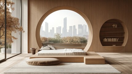 Modern bedroom, city view, wood design, calm ambiance, interior design