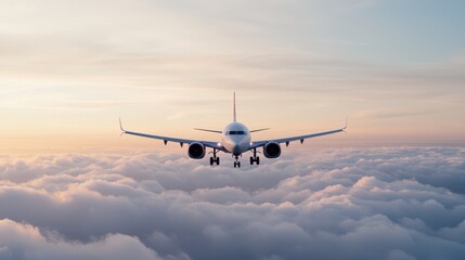 Obraz premium Airplane descending through clouds at sunset; travel, transportation