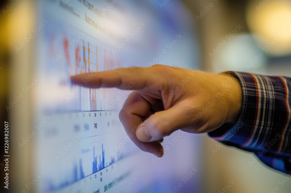 Poster businessman pointing at interactive screen displaying financial charts and data, performing analysis