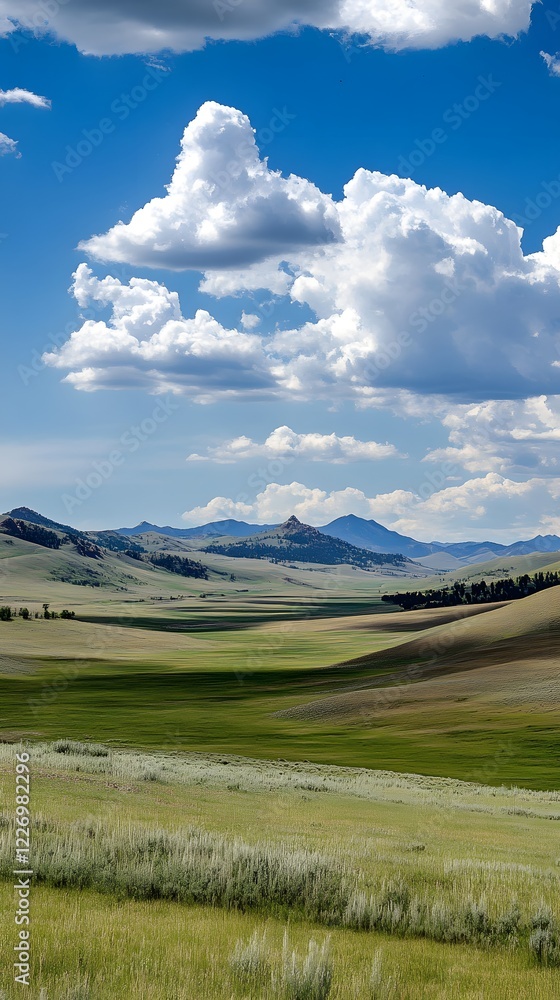 Poster a distant mountain range with clouds floating above and soft, rolling valleys below