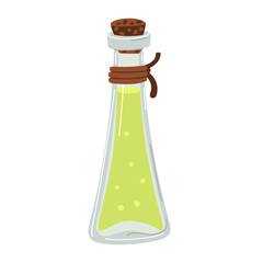 bottle of homemade olive oil is closed. flat illustration is isolated on white. A transparent glass elongated bottle with a thread is closed with a cork lid for home use. For recipes of natural dishes