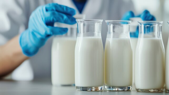 food safety inspection prevention concept. Laboratory technician handling milk samples in glass containers.