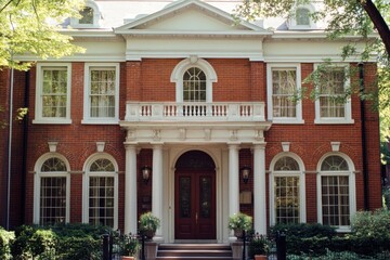 Naklejka premium Elegant brick mansion with spacious front porch and large windows surrounded by lush trees during sunny day in urban neighborhood