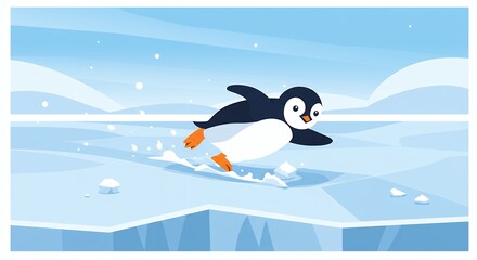 Obraz premium Happy Penguin Sliding on Ice Winter Cartoon Illustration