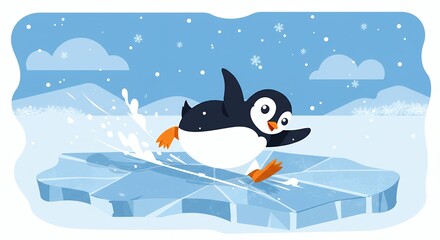 Naklejka premium Playful Penguin Sliding on Ice in Winter Wonderland