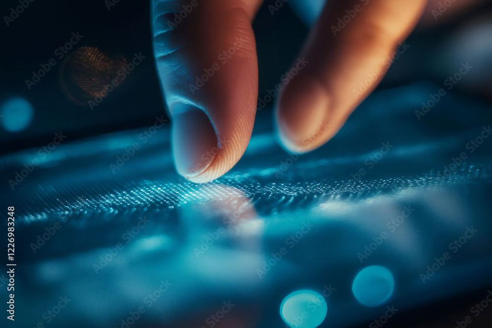 Poster close up of finger scanning fingerprint on illuminated smartphone screen, enhancing mobile security