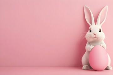 Fototapeta premium A white rabbit is standing in front of a pink wall holding an egg
