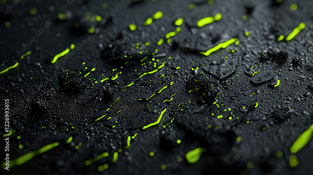 Poster abstract digital artwork featuring dark background with vibrant green accents, showcasing textured s