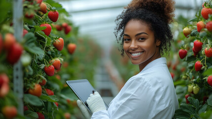 African woman holding tablet cultivate strawberry in modern greenhouse