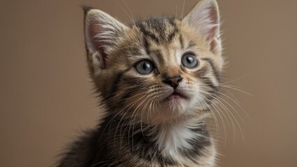 Obraz premium Close-up studio portrait of a kitten on beige background