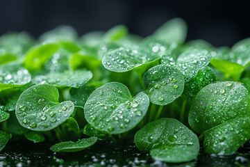 Dew Drops on Lush Green Leaves of Watercress Plants