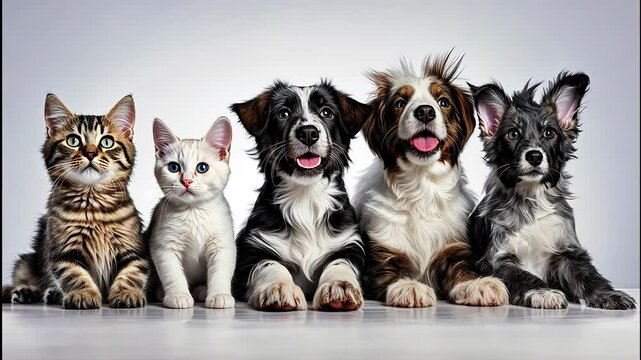 Adorable kittens and puppies posing together in a playful arrangement against a soft backdrop