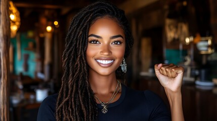 A portrait of a smiling young Black woman with long locs, wearing layered necklaces and earrings, confidently displays a raised fist, suggesting empowerment and strength.